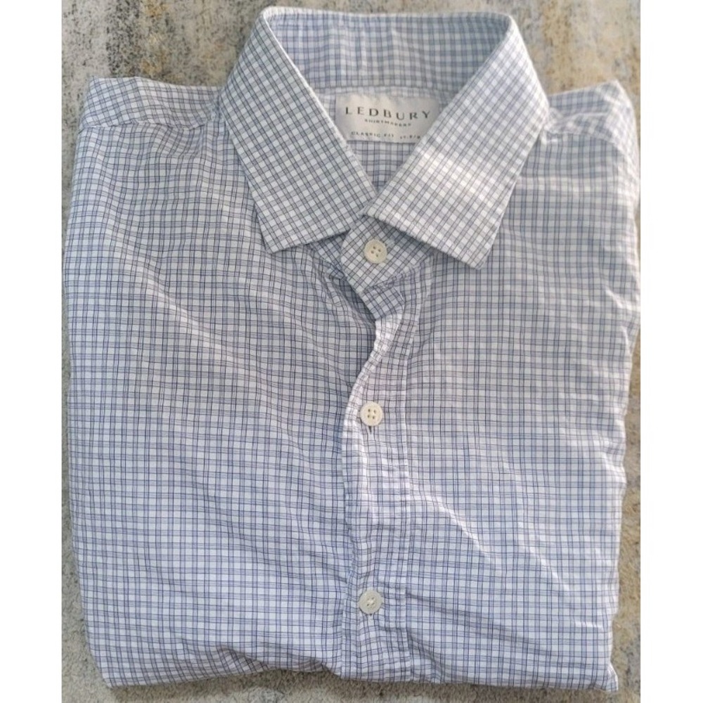 Ledbury Men's Blue Check Long Sleeve‎ Classic Fit Dress Shirt Size 17.5/XL